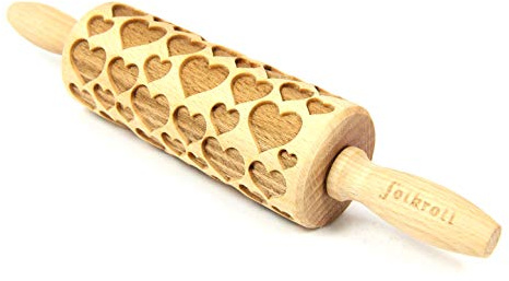ExtraGourmet Cooky Roller Herzen, Nudelholz - Backrolle - Rollholz mit individuelle Muster/Prägung
