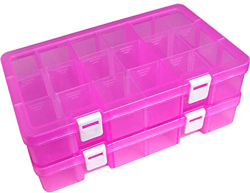 Qualsen Sortierboxen für Kleinteile Verstellbare, 18 Fächer, Rosa 2 Stück | Aufbewahrungsbox mit Fächern für Kleinteile Schmuck Schrauben Bügelperlen Ohrringe Perlen Nähgarn