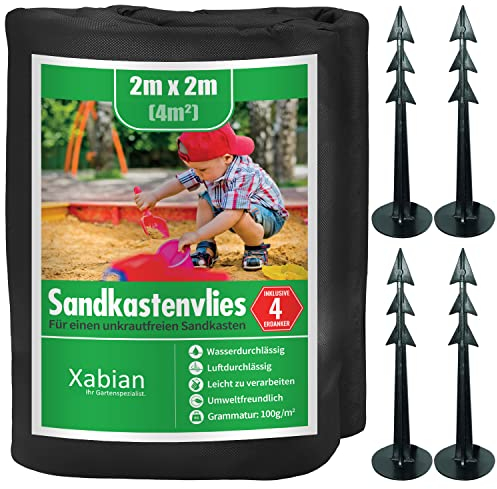Xabian Sandkastenvlies 2x2m schwarz 80g/m² inklusive 4 Erdanker I Unkrautvlies für Sandkasten als Untergrund I Ideal als Sandkastenfolie und Unterlage gegen Unkraut & Vermischen mit dem Untergrund