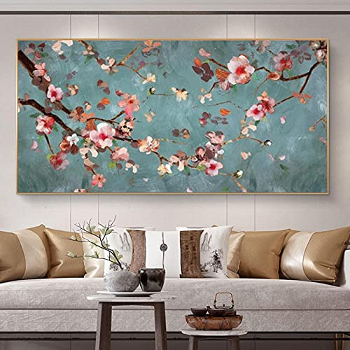 Yinaa Dipinti tradizionali su tela con fiori di pesco sul muro Quadri artistici Stampe floreali Decorazioni per soggiorno Stampe con cornice 60x120cmx1pcs Cornice interna