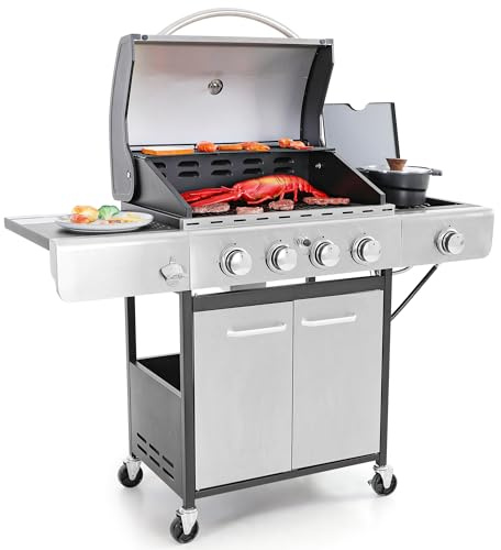 Captiva Designs 4-Burner Propane Gas BBQ Grill with Side Burner & Porcelain-Enameled Cast Iron Grates, 42,000 BTU Output Stainless Steel Grill for Outdoor Cooking Kitchen and Patio Backyard Barbecue