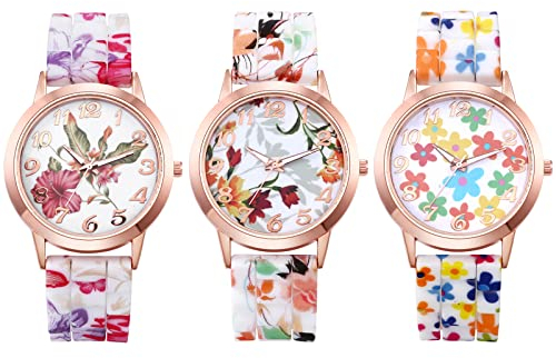 JewelryWe Reloj de pulsera de silicona para mujer, redondo, analógico, de cuarzo, floral, casual, para mujer y niña, Navidad, 3 PIECES