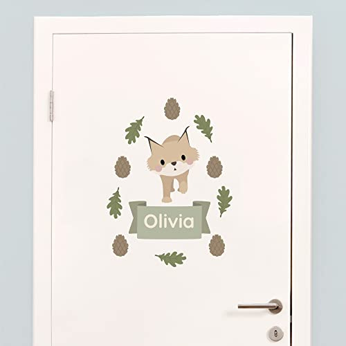 Klebekerlchen® Türaufkleber personalisiert mit Namensschild – Türschild Kinderzimmer & Babyzimmer Wandtattoo – selbstklebende Wandsticker - Kinderzimmer Deko Junge & Mädchen – Luchs
