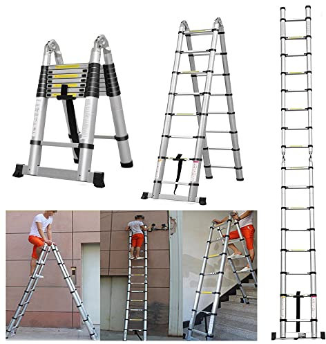 16.4FT Aluminum Telescoping Extension Ladder 8.2FT+8.2FT Combination A-Frame Ladder Multi-Purpose Extendable Ladder for Home Loft Office, EN131 330lb Capacity