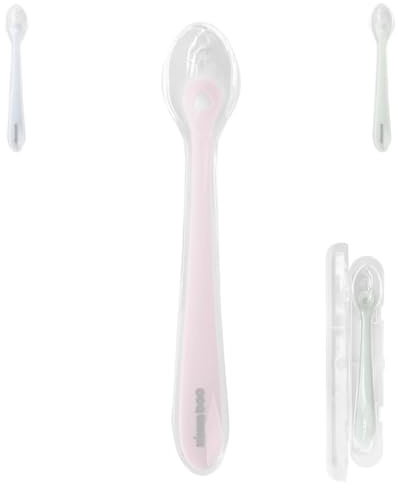 Kikkaboo Cuchara de Silicona para Bebé con Funda de Plástico Siliconado Suave, color:rosa