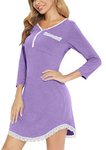Yukiuiny Chemises de Nuit Femme Coton Dentelle Nuisette Robe de Nuit Courte T Shirt de Nuit Pyjama Casual Col V Sexy Maternité Allaitement Top Confortable Violet L