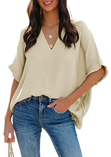 Dokotoo Damen Bluse V-Ausschnitt Musselin Tunika Shirt Oberteil Sommer Kurzarm Locker Longshirt Tops S-XXL