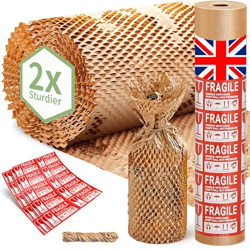 ecoTru UK Honeycomb Packing Paper 30cm x 50m, British Brand Bubble Wrap for Moving House Eco Alternative, Small Business Packaging for Shipping Wrapping & Void Fill, Recyclable & Biodegradable