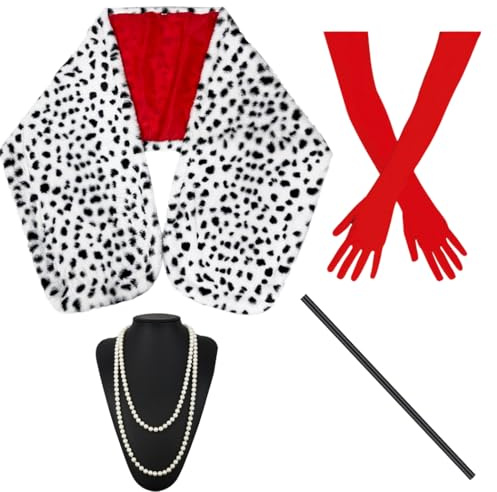 TOMIGO 4 Stück Schwarz Weiß Stola Lange Rote Handschuhe Halter Halskette | Karneval Halloween Cosplay Kostüm Set, Fasching Fastnacht Kostüm Damen Frauen