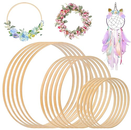 15 Pieces Floral Wreath Hoops, Wooden Bamboo Hoop Rings Large Sizes Macrame Crafts Hoop for DIY Crafts Wedding Wreath Decor Dream Catcher (20cm/25cm/30cm)