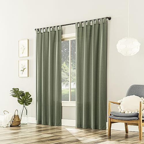 No. 918 Trevor 2-Pack Heathered Linen Texture Semi-Sheer Tab Top Curtain Panel Pair, 40 x 95, Moss Green