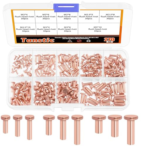 Tanstic 270Pcs Flat Head Copper Solid Rivets, M2x4/6/8, M2.5x5/8/10, M3x4/6/10 Solid Copper Rivets Fasteners for Electrical Applications Copper Finish Copper Tone