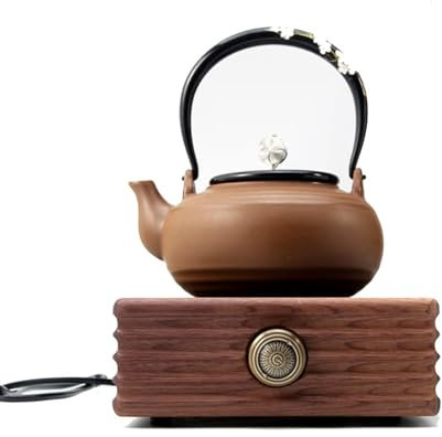 ZYJIX Fornello Elettrico da tè A Infrarossi da Appoggio con Piastra Riscaldante da 1500 W con Base in Legno di Noce, Bruciatore per Piano Cottura Portatile per Cucinare in Campeggio