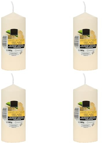 Set de 4 Candele Profumate Crema alla Vaniglia, Candela Beige a Colonna Profumada 11x4.7cm, Candela Profumada 25 Ore di Combustione