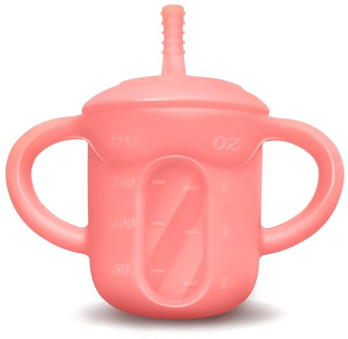 OXTXO Silikon Becher mit Strohhalm und Deckel, Auslaufsicherer Baby Trinkbecher mit Messmarkierungen, Weithalsbecher für Kleinkinder (6+ Monate), Lernbecher für Babys