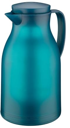 cilio Isolierkanne MONZA | Hält bis zu 12h heiß und 24h kalt | Thermoskanne mit Vakuum-Hartglaseinsatz | Kunststoff | Schraubverschluss mit Ausgießtaste | Höhe 23,5 cm | 1 L | Türkis transparent