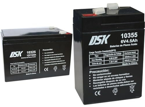 DSK Batteria al piombo 12V 12Ah, ideale per allarmi domestici, giocattoli elettrici, recinzioni & 10355 - Batteria al piombo sigillata AGM ricaricabile da 6V 4,5 Ah.