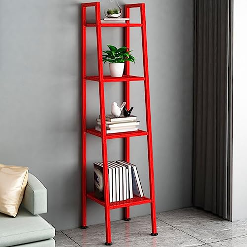 Ladder Metal Bookshelf Modern Bookcase with Rectangular Shelves Storage Rack Kitchen Storage Rack Multi-layer Bookshelf Floor-to-ceiling Trapezoidal Balcony Flower Stand Red(14L x 14W x 58H, Red)