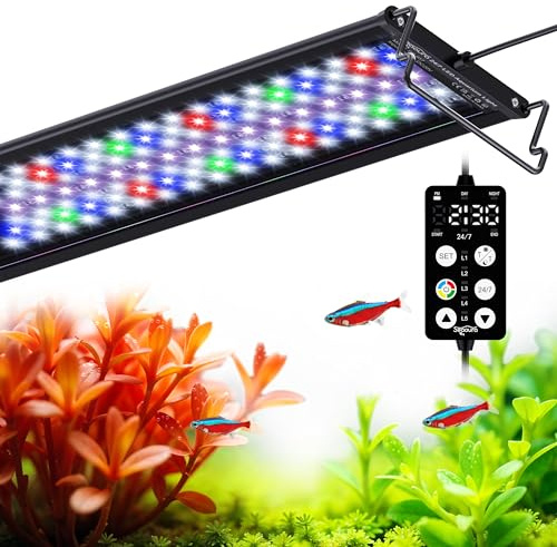 SEAOURA Luce per Acquario con Timer, Luci LED per Crescita delle Piante a Spettro Completo con Memoria di Spegnimento, Opzione a 8 Colori, 20 Luminosità per Acquario D'acqua Dolce (30-45cm)