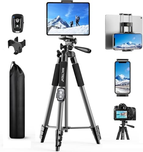 MACTREM 165cm/65inch Phone/iPad Tripod with Remote, Lightweight Aluminum | Extendable, Fits iPhone, iPad, Samsung, Action & DSLR Cameras, Phone Holder Included, For Vlog, Video, Selfie, Travel, TikTok