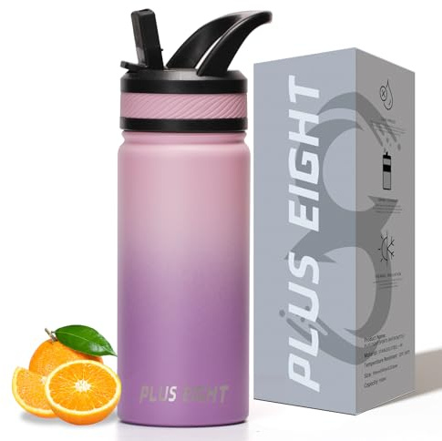 pluseight Insulated Water Bottle 600ml（20oz） Insulated Water Bottle With Straw and Lid for Sports, Gym or Office Stainless Steel Metal Drink Thermos Flask (Pink Purple)