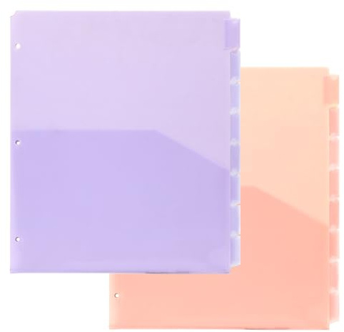 Fatiya 2 Sets Ordner-Trennblätter mit Taschen und Tabs, 8 Registerkarten aus Kunststoff für 3-Ringbuch, A4-Motiv-Trennblätter für Notizbücher, Karten, Rezepte, Blätter (lila und rosa)