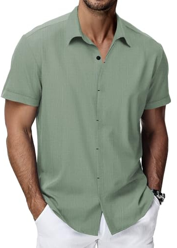 HMIYA Herren Hemd 100% Baumwolle Hemd Sommer Freizeithemd Businesshemd Regular Fit Kurzarmhemd,Grün,XL