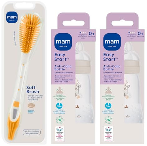 MAM Easy Start Anti-Colic Newborn Smart-Set 0+ self sterilising Baby Bottle Set 2 x 260ml with SkinSoft Teat Size1 from Birth MAM Soft Brush Bottle Brush Anti Scratch