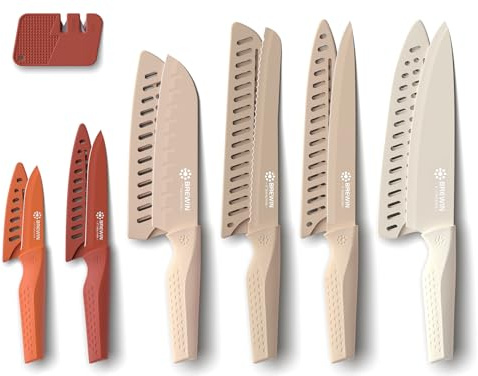Brewin Knife set, 13 Pieces Kitchen Knives Set with Sharpener, Anti-Rust Coating and Blade Guard, Home Essentials, Camping Essentials - Muliticolor