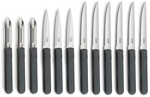 Pradel Essentiel Energy Couteaux de cuisine en Acier 13C, Lot de 12, Gris | Set 12 couteaux de cuisine : steak, office et éplucheur,Acier inoxydable 13C, Finition Brillante