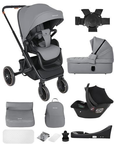 BabyVoyage 4 in 1 Kinderwagen 0-48 Monate, Buggy mit Zwei Umkehrbaren Schiebemodi, Rahmen Aluminiumlegierung, Zusammenklappbargleiten, Vollfederung, 5 Punkt Sicherheitsgurt Kinderwagen Buggy-Grau