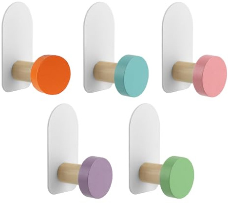 MORETATA 5Pcs Self-Adhesive Kids Coat Hooks, Colorful Towel Hooks Wooden Sticky Clothes Hook, Wall Mounted Children's Coat Hooks for Towel, Clothes,Backpacks and Hats(Colorful)