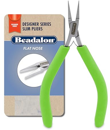 Beadalon Designer Series Slim Flat Nose Pliers, Lime Green Vinyl-Free Grips, Stainless Steel, Box Joint, Double Leaf Springs, 5.75 in