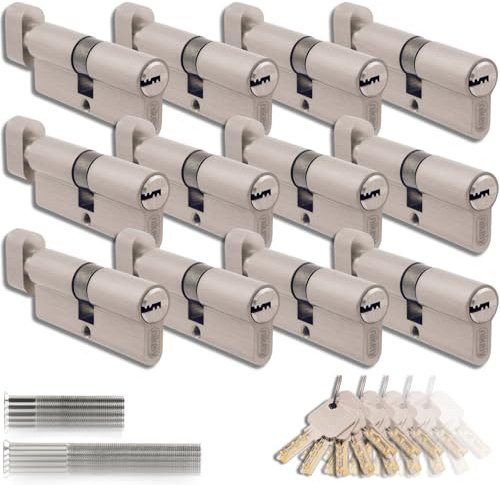 Set di 12 Cilindri con Pomello in Ottone 35/35mm con Chiave Unica, 60 Chiavi Incluse, 24 Viti, Serrature Universali per Porte e Garage, Lunghezza 70mm, Montaggio Facile