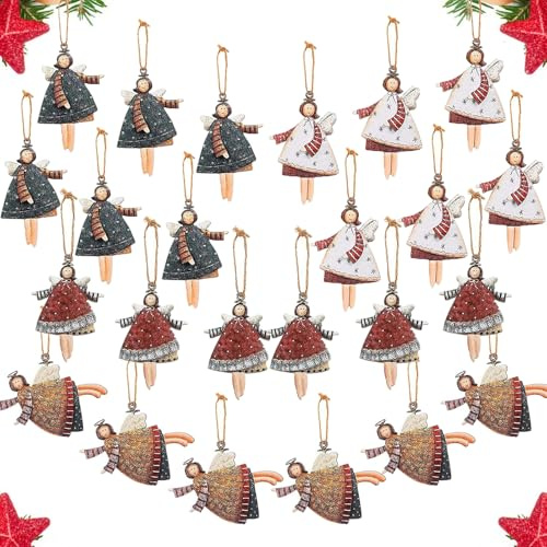 24 Ángeles para árbol De Navidad Colgantes de Madera, con Patrón Doble Cara y Cordón - Adornos De Angeles Navideños para Ventanas y Árbol de Navidad (Set-A)