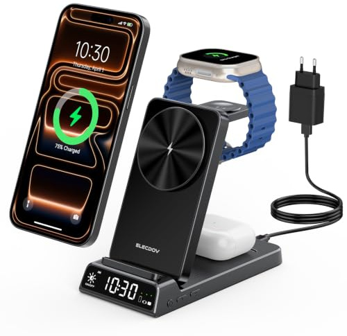 Elecdov 3 in 1 Wireless Charging Station with Clock, Foldable Charger Stand | Magnetic Charger Stand for iPhone 17/16/15,Foldable Wireless Charger for Apple Watch 10/Ultra/9/AirPods 4/3 (25W Adapter)