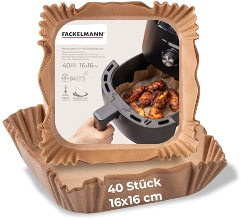 Fackelmann Backpapier für Heißluftfritteuse – 16 x 16 cm eckig, 40-teilig, öl- und wasserfest, beschichtet – hitzebeständig bis 220C, mikrowellen- und backofengeeignet