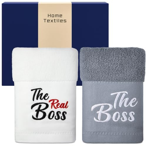 Otuuz Pärchen Geschenk Handtuch 2 Stück The Boss & The Real Boss | 35x70 cm, Geschenk für Paare, Jahrestag, Brautpaar, Standesamt Hochzeitstag & Weihnachten, Valentinstagsgeschenk, Weiß Grau