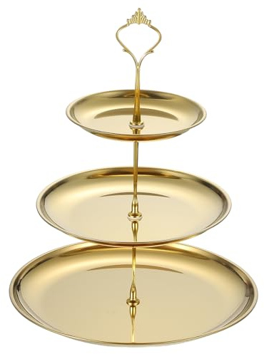 sourcing map 1 Set 3-Tier Cupcake Stand Holder, Round Tiered Serving Tray Stainless Steel Cup Cake Stand for Dessert Fruit Table Birthday Party Decoration Display, Gold