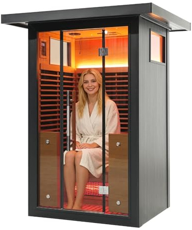 Amocane Outdoor Infrared Sauna with WiFi Control, 2 Person Far Infrared Sauna Spa with Remote Control, Canadian Hemlcok Wood Dry Sauna with 7 Carbon Heaters, Backyard Saunas for Home & Gym