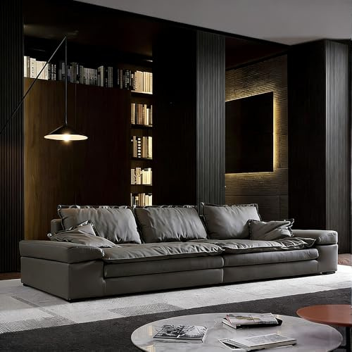 Italiensk lyxig modern enkel grå lädersoffa, massiv träram, rymlig och mjuk soffa, modern stor storlek, lämplig för vardagsrum/kontor/lägenhet.