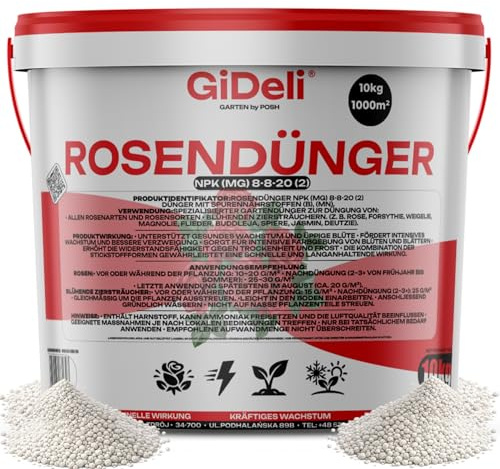 GiDeli Rosendünger Granulat 10 kg im Eimer, für Rosen & Hortensien | Vorrat für große Gärten, hoher Kaliumanteil, mit Magnesium und Mangan, geringer Chloridgehalt, kräftige Ausfärbung