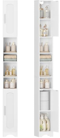 Hzuaneri Narrow Tall Bathroom Storage Cabinet, White, 20×20×180cm | Compact Tall Cupboard Unit with Open Shelves, 2 Doors & Adjustable Shelves, Suitable for Kitchen Living Laundry Room, 518103X