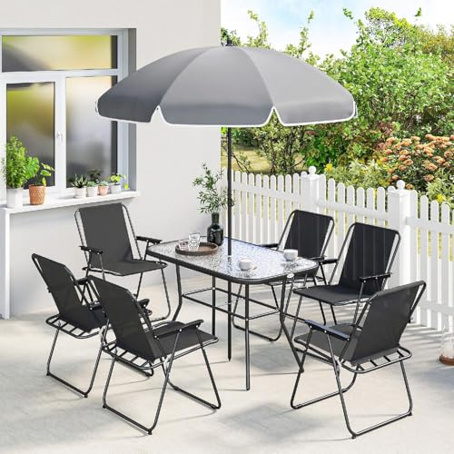 DecHome - Tavolo e Sedie da Esterno da Giardino, Rettangolare, con Ombrellone, in Acciaio/Vetro Temperato, 119x68x70 cm, Nero