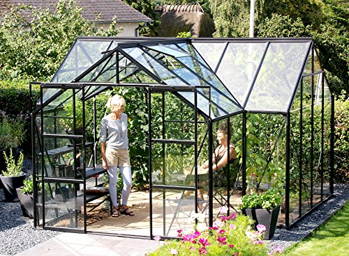 Gartenwelt Riegelsberger Gewächshaus Sirius Orangerie - ESG 3 mm schwarz, Fläche: ca. 13 m², mit 4 Dachfenster, inkl. Stahlfundament 6 cm hoch, Sockel: 3,81 x 3,81 m