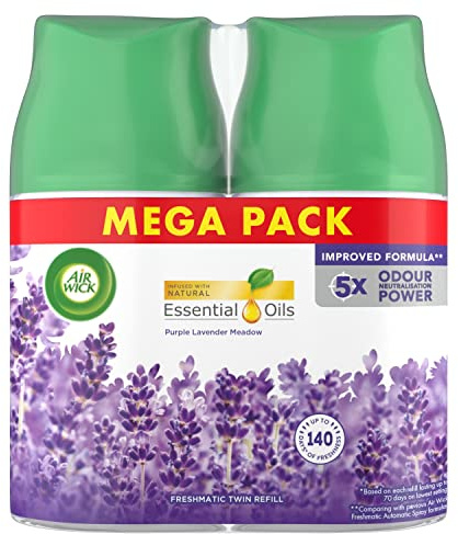 Air Wick Automatic Air Freshener Freshmatic Spray Twin Refills, Purple Lavender Meadow, Pack 2 x 250ml, Natural Essential Oils, Last up to 140 days, Air freshener