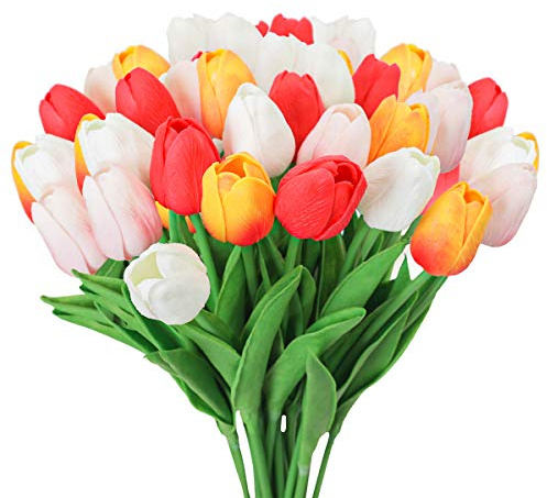 Tifuly 24 Piezas de Tulipanes Artificiales de látex, Ramos de Flores Falsos de Tulipanes realistas para el hogar, Bodas, Fiestas, decoración de oficinas, arreglos Florales (Mix Rojo)