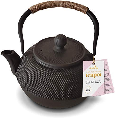 Charbrew Black Chinese Cast Iron Teapot - 1200ml | Stainless Steel Tea Infuser Makes 5 Cups