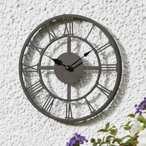 Garden Mile 35 cm Skelett-Wanduhr für drinnen und draußen, langlebig, groß, rund, wetterfest, für den Außenbereich, Wandschmuck für den Garten, Uhren für die Küche