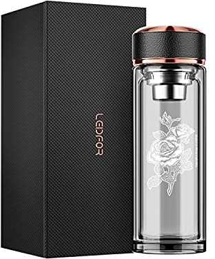 LEIDFOR Teebecher mit Teesieb – BPA-freie, doppelwandige Glas-Teebecher mit Edelstahlfilter – auslaufsichere Teeflasche mit Sieb für losen Tee und Fruchtwasser, 500 ml, Rose